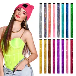 Hipppies femeninos deslumbrantes con oropel brillante, extensiones de cabello de seda arcoíris para sombreros trenzados, longitud de 120 cm, 150 hebras por paquete