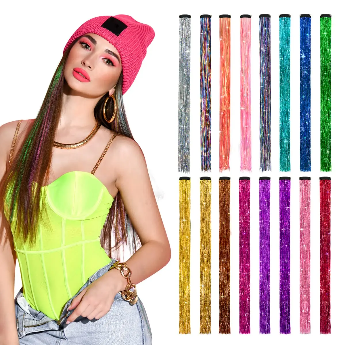 Dazzling female hippies with shiny tinsel rainbow silk hair extensions for braided headwear Length 120 cm 150 strands/pack