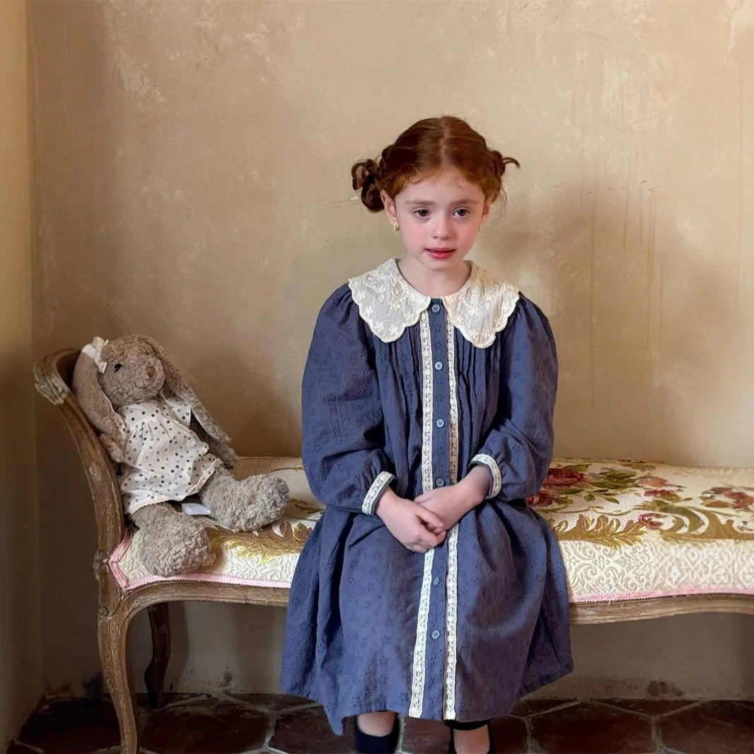 

Vintage Dress 2025 Spring and Summer New Korean Fashion Doll Neck Embroidered Vintage Rural Style Long Sleeve Dress