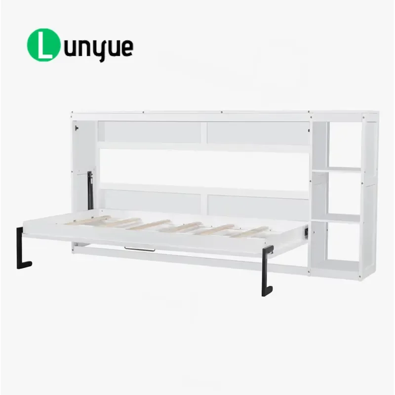 White Modern Double Folding Wall Bed with Bookshelf Space Saving Murphy Bed for Bedroom Home Office Furniture Storage