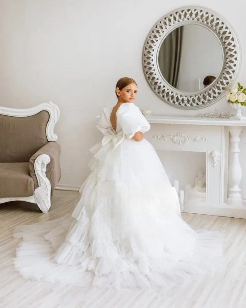 Атласное платье-пачка принцессы для девочек-цветочниц, фатиновое платье цвета слоновой кости со шлейфом, бальное платье для девочек, платья для вечеринок и свадеб