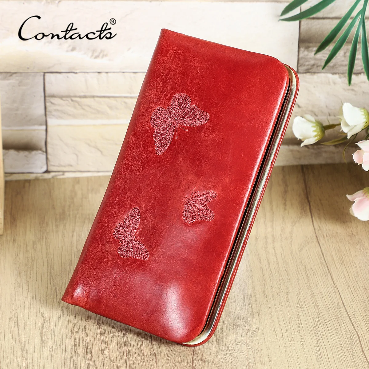 

CONTACT'S Genuine Leather Kiss Lock Long Wallets for Women Butterfly Embroidery Card Holder Money Clip Phone Pocket Female Purse