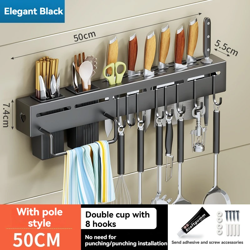 Kitchen Storage Rack Wall-Mounted Multifunctional Storage Knife Rack Detachable Stainless Steel With Multiple Brackets And Hooks