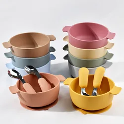 3pcs Children's Silicone Meal bowls Set Strong Suction Anti-Fall Children's Eating Training Bowl Fork Spoon Feeding Tableware