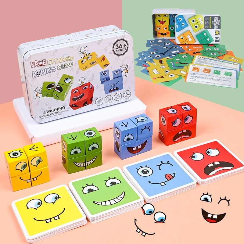 Cube Face Changing Building Blocks Board Game Cartoon Puzzle Montessori Toys Wooden Level Game Thinking Challenge Kids Toys