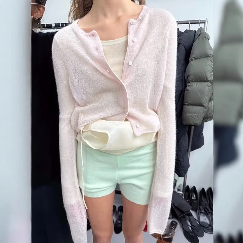 

Solid Color Knitted for Women Cardigan Korean Single Breasted Long Sleeve Jumper Woman Round Neck All Match Cardigans Outwear