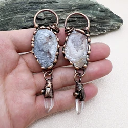 5PCS Bronze Plated Soldering Natural Botswana Agates Geode Vintage Pendant Wih Clear Quartz Point Charms