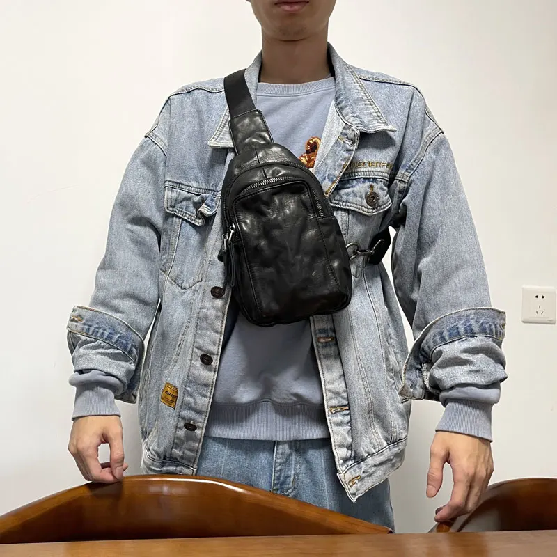 fashion vintage vegetable tanned cowhide men's chest bag weekend party shoulder bag sports genuine leather teens crossbody bag