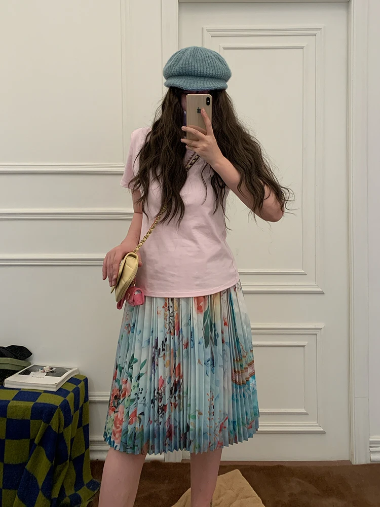 

Eos Lamode Summer Floral Pleated Skirt Commute Sle mid Waist Design Polyester Fiber 00% Bifold Skirt