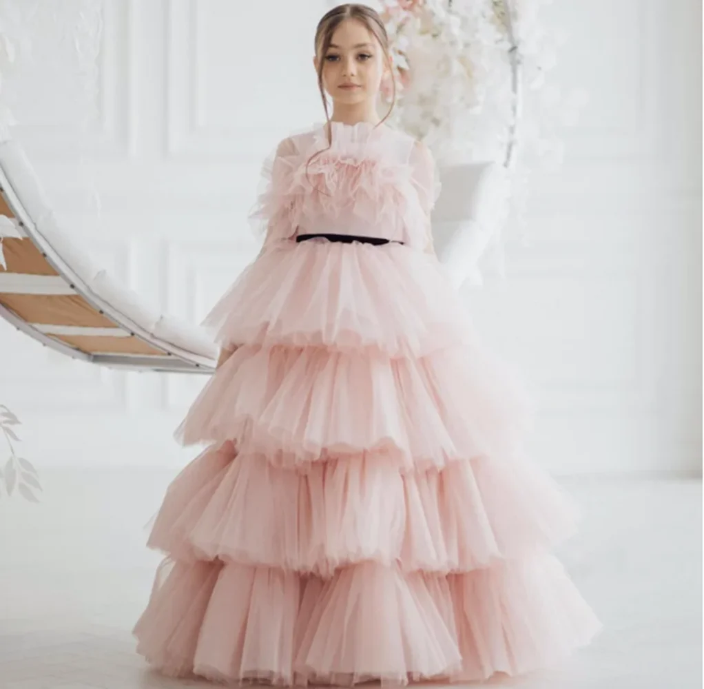 Pink Princess Dress Puffy Sleeves Flower Girl Dresses for Wedding Robe A-Line First Comunion Dresses Custom Pageant Party Gowns