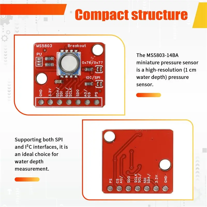 ABDE-For Arduino Compatible GY-MS5803-14BA Fluid Pressure Sensor Module Waterproof For Gas, Liquid, Height Detection Breakout Bo