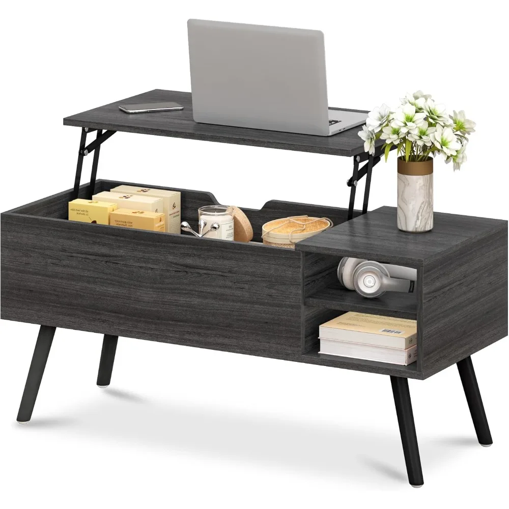 

Gray Coffee Table Lift Top - Dark Grey Coffee Table with Solid Wood Legs, Hidden Storage Compartment & Open Shel