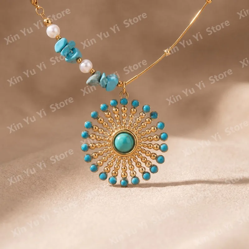 Omen Boho Titanium Steel Necklace Natural Turquoise Tiger Eye Stone Beaded Chain Vintage Stainless Steel Necklaces Jewelry Gift