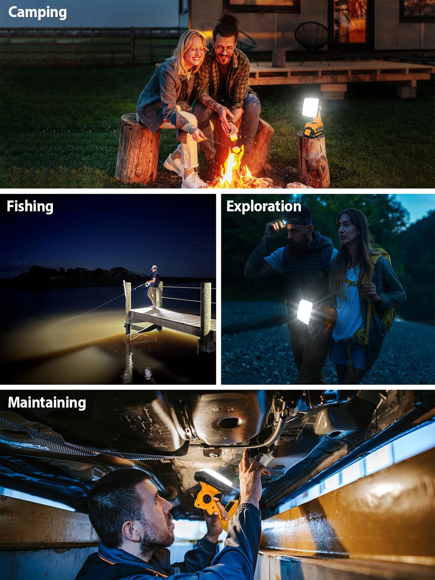 25W 1500LM LED ضوء العمل لـ Dewalt 20V 60V بطارية ضوء الفيضانات في الهواء الطلق مع USB-A وUSB-C 2.1A منافذ شحن سريع 3 أوضاع إضاءة لإصلاح السيارات في موقع العمل والتخييم والطوارئ DCB200 DCB203 DCB204 DCB205 DCB206 DCBP0