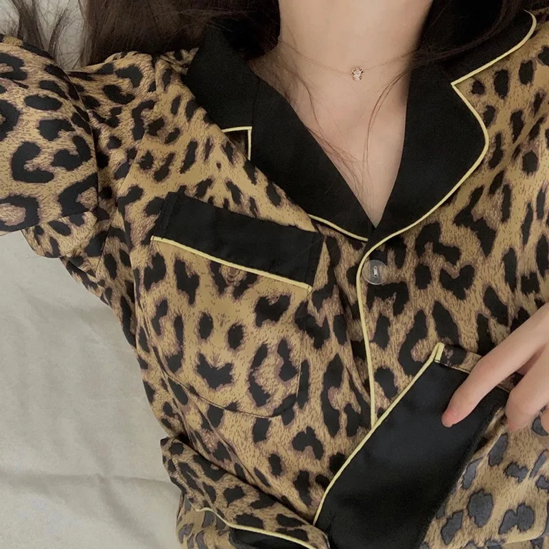 Thailand Spring and Fall Pajamas Set Women\'s Fashion Leopard Print Long-Sleeved Sleepwear Loungewear Ladies Upscale Homewear