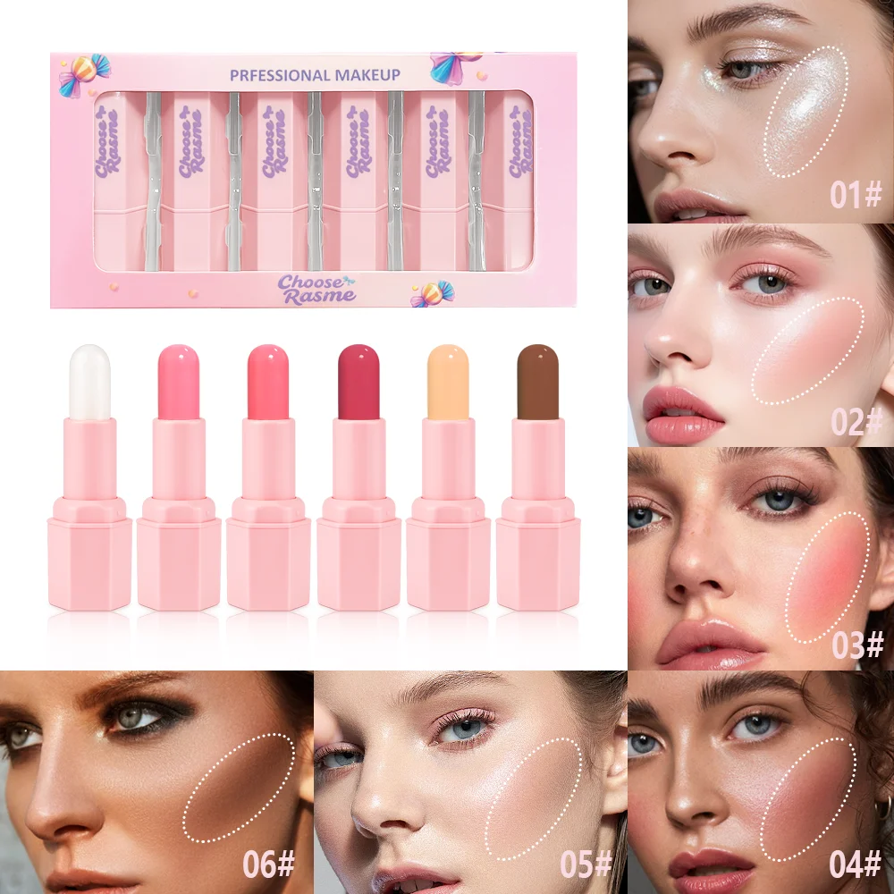 マットコンターメイクアップスティック、高光沢、保湿パウダーブラッシャースティック、シルキーで耐久性のある化粧品の6点セット