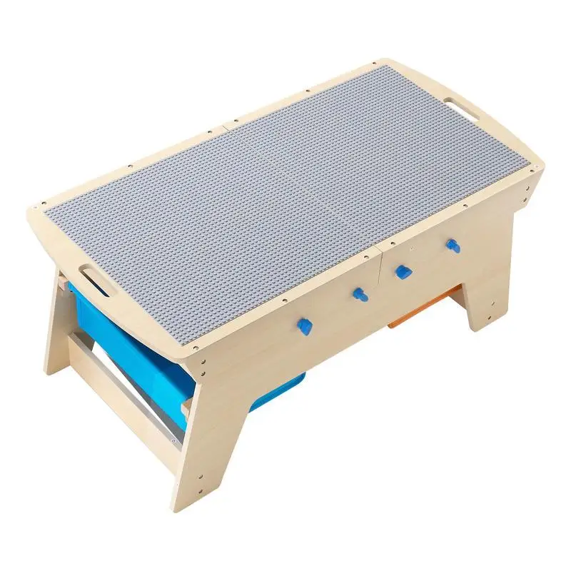 Children's table 905 x 497 x 393 mm, wooden activity table, multi-purpose play table with 200 building blocks and 3 storage containers, building block table, gift for children aged 3 and up, wood color