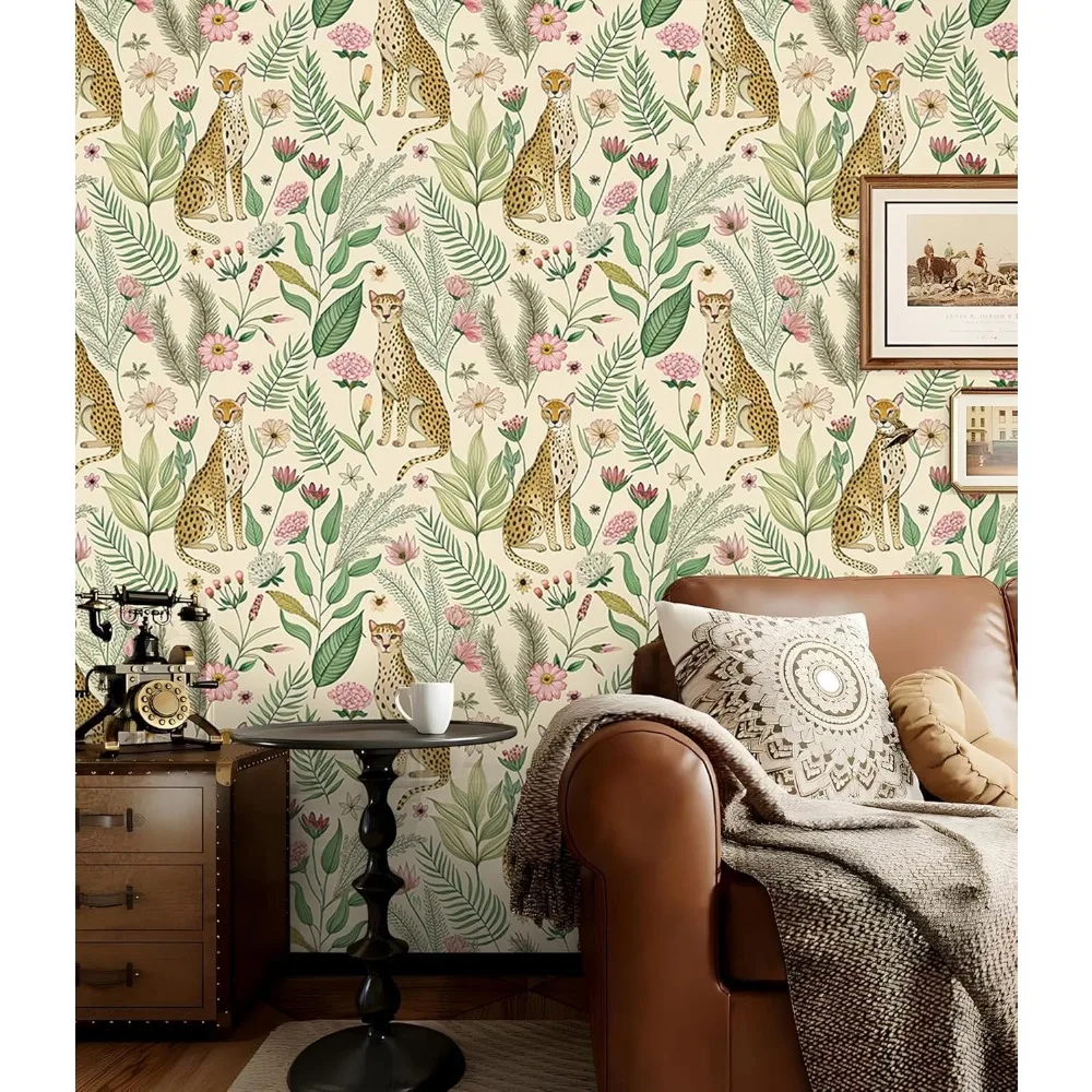 ورق جدران مطبوع عليه زهور وفهد قابل للإزالة، تصميم ليوبارد الغابة الاستوائية لديكور غرفة النوم