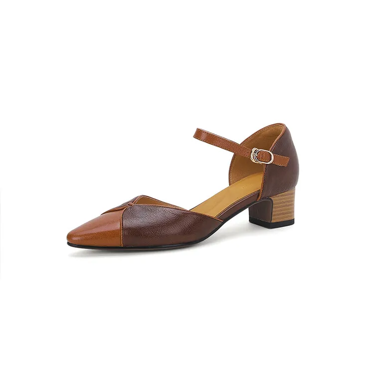 NEW Summer Women Sandals Genuine Leather Shoes for Women Cover Toe Chunky Shoes Pointed Toe Cover Heel Sandals Mixed Color Shoes