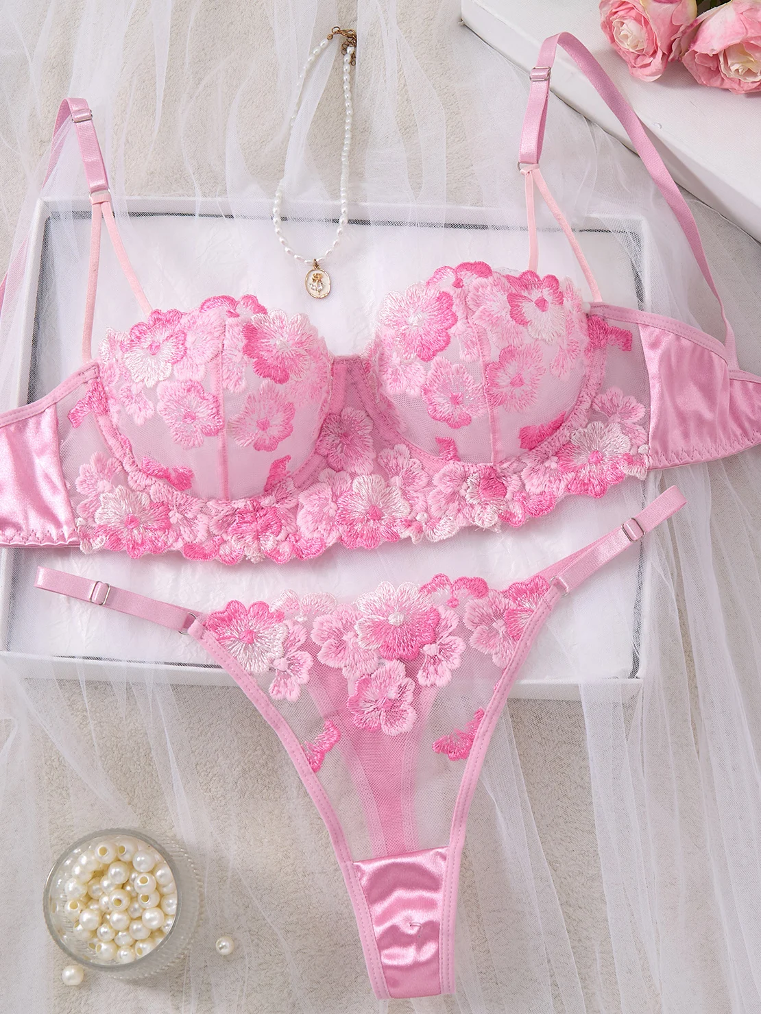 Women Pink Floral Embroidery Lingerie Set Satin Sheer Mesh Underwire Bra & Thong Romantic Intimate Underwear ZA825121