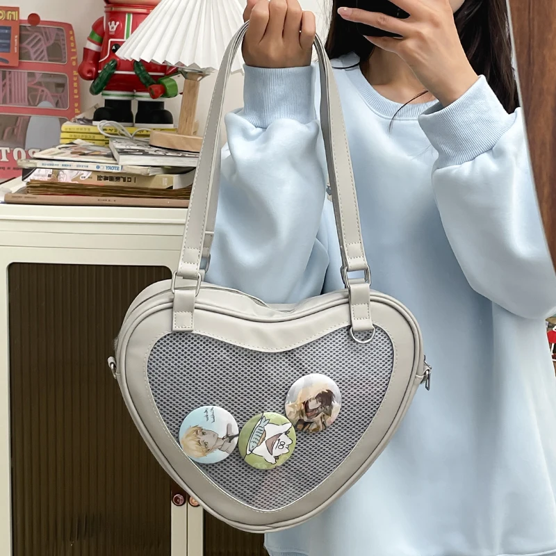 

Japanese Fashion JK Uniform Shoulder Bag Heart-shaped Lolita Tote Bag Pin Display Ita Bags Cute Girls Casual Crossbody Purse Ita