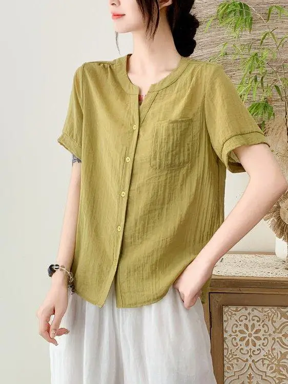 

Cotton Linen V-neck Short Sleeve Loose Casual Shirt Women Summer Breathable Color Versatile Loose Blouse Slimming Shirt