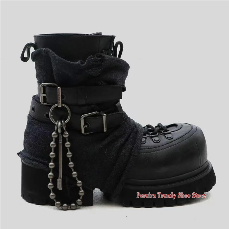 Punk Retro Thick Soled Motorcycle Boots for Men Women Trendy Metal Chain Belt Buckle Height Increasing Short Boots Couple Shoes