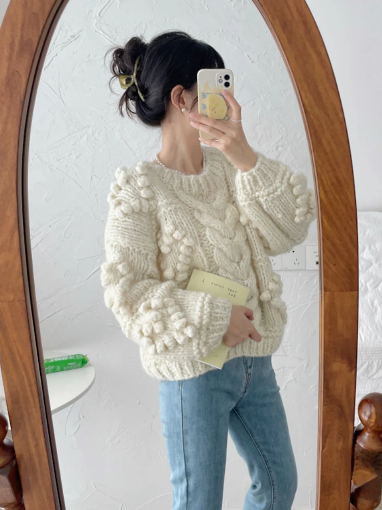 Women Handknit Cable Bubble Chic Retro Crew-neck Chunky Sweater 2024 Spring New In Vintage Pullover