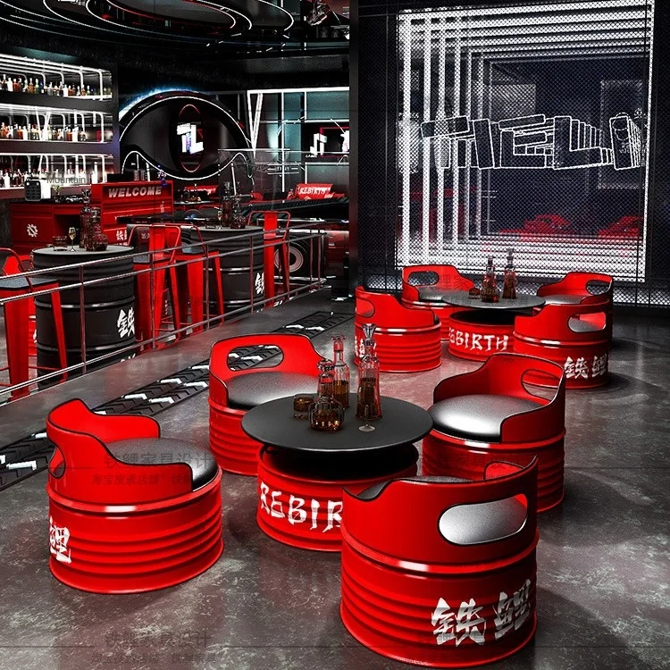 Custom Industrial Style Creative Iron Oil Bucket Table Chair With Durable High-Density Sponge Seats For Commercial Bar Restauran