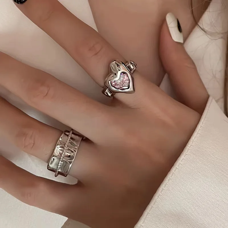 2 pieces of Y2K pink heart-shaped ring set irregular with pink imitation crystal heart-shaped adjustable ring for women's jewelr