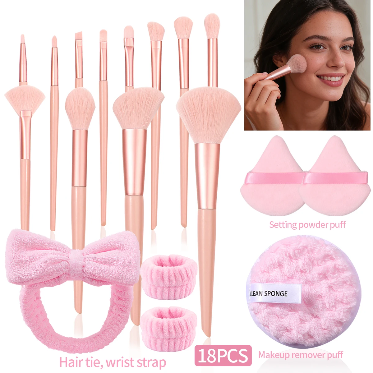 18個入り多目的メイクブラシセット＆ソフトヘアバンドリストバンド、丸型パウダーパフ＆ノンスティック扇形パウダーパフ