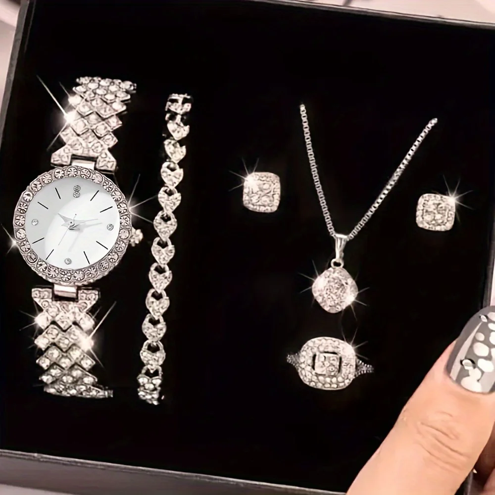 

1pc Rhinestone Decor Quartz Watch Casual Round Pointer Analog Wristwatch & 5pcs Jewelry Set, Gift For Mom/Girlfriend