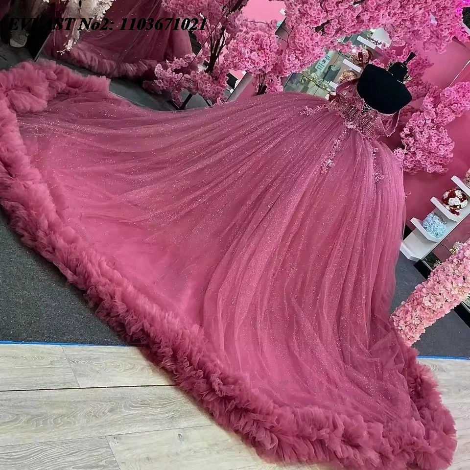 EVLAST Aangepaste Mexicaanse Roze Quinceanera Jurk Baljurk Glanzend Kant Applique Kralen Corset Sweet 16 Vestidos 15 Anos E2QA224