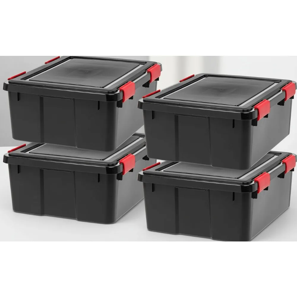 4-Pack Weatherproof Storage Bins with Lids, Stackable Plastic Tote Boxes for Home Organization & Outdoor Use