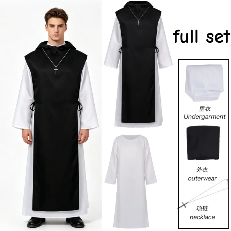 

Medieval Religious Men Black and White Priest Robe Cosplay Costume Cross Necklace The Renaissance Style Suit 3Piece Halloween