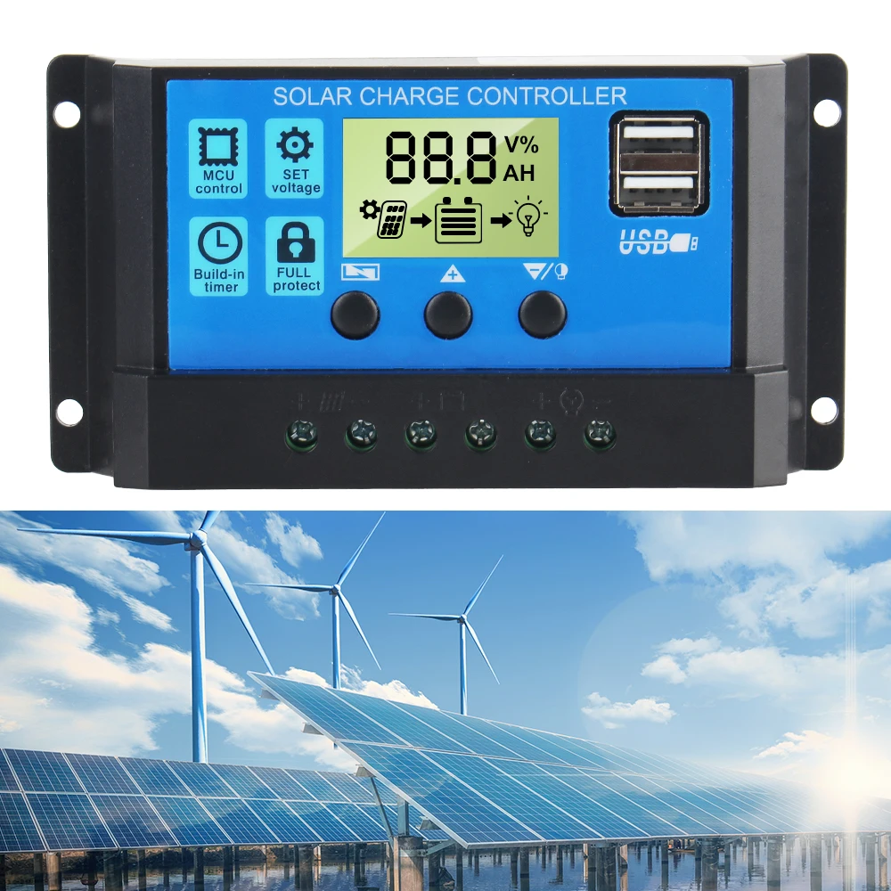 Built-in Timer LCD Display 10A 20A 30A 12V 24V Solar Controller Dual USB MPPT Accessory PV Regulator Solar Battery Regulator