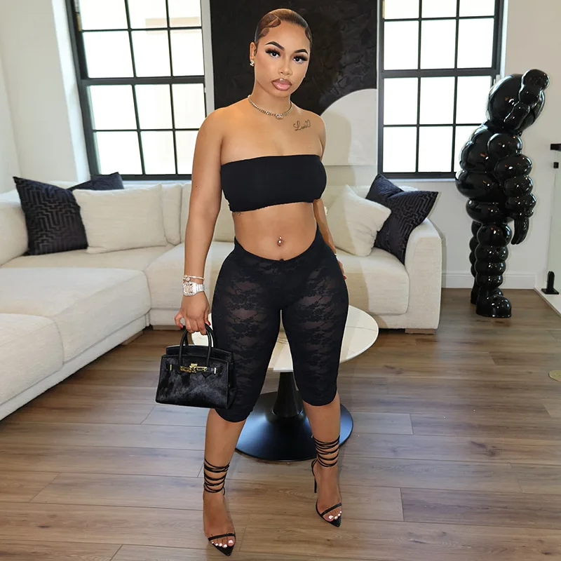 

Europe and the United States new fashion women's ultra-short tube top lace tight pants two-piece suit women