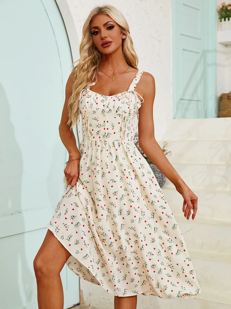 Floral Long Dresses Bandage Sleeveless Backless Sexy Boho Beach Cami Dress Casual Sundress White Floral Summer Dress Women 2024