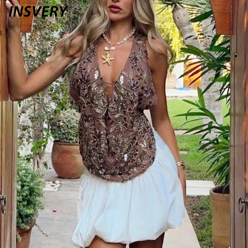 

New Sexy Halter Neck Sequins Vest Women Tank Tops Female V Neck Sleeveless T-Shirts Women Elegant Beach Holiday Shits Crop Tops