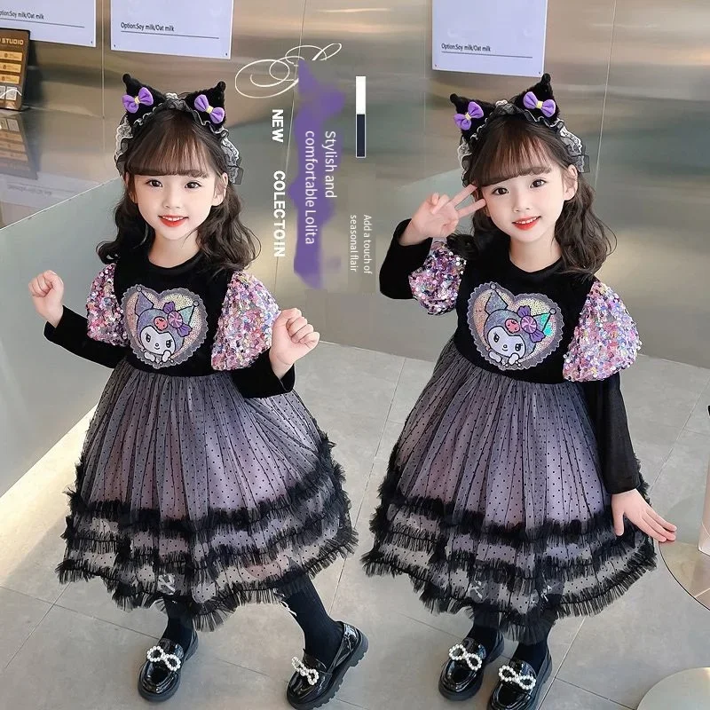 Kawaii Sanrios Kuromi Spring Fall Girl Cute Cartoon Lolita Dress Birthday Party Role Play Cartoon Princess Dress Kids Dress Gift