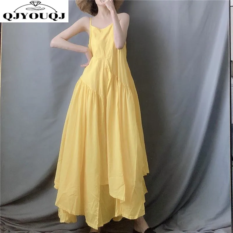 Lemon Yellow Irregular Large Hem Suspender Dress Artistic and Fresh Summer Style Elegant and Elegant Long Skirt