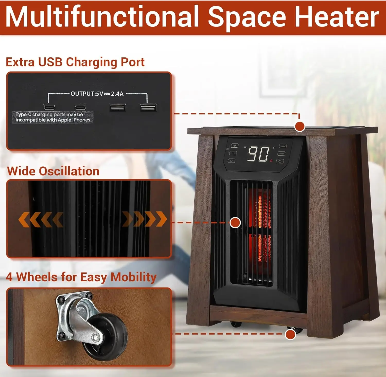 Infrared Quartz Space Heater for Indoor Use, 1500W Electric Room Heaters with Remote Control, Thermostat, Oscillation