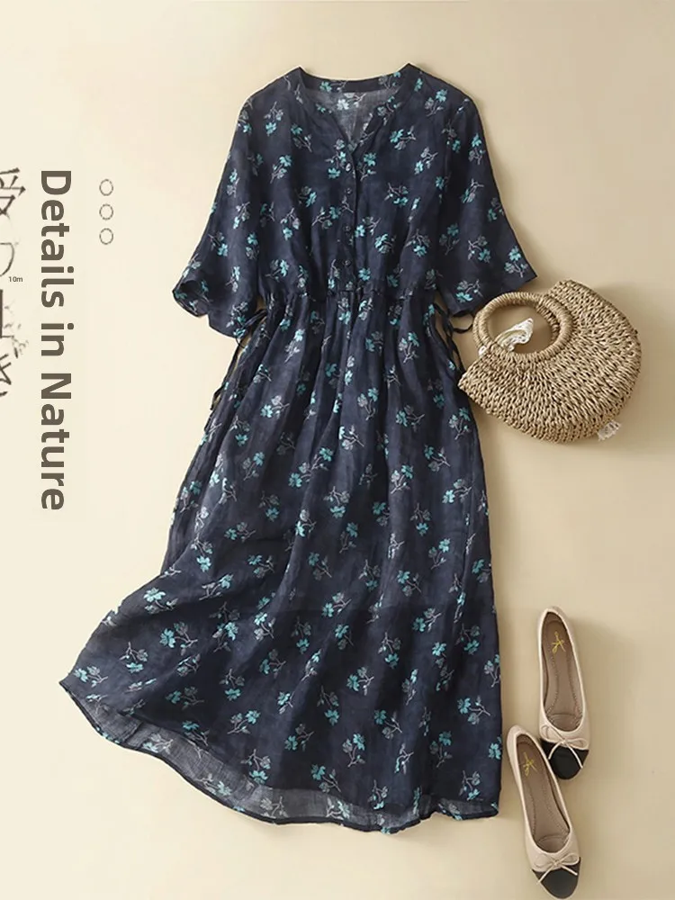 スリムフィット Vネック コットンリネン レディース Aラインスカート または Sve ミドル丈ガウン 花柄プリント 快適なゆったりウエスト