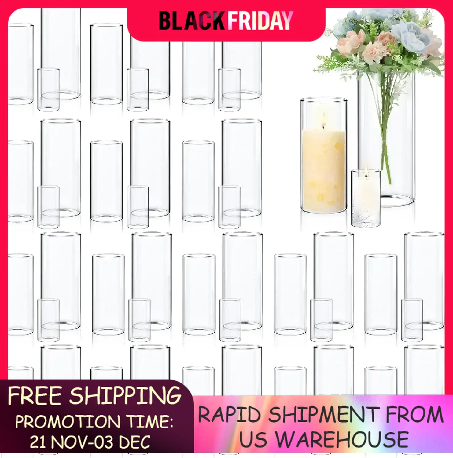 48 Pcs Glass Cylinder Vase Bulk Clear Candle Holder Decorative Centerpiece (4'', 6'', 8'', 10'' High) for Wedding Reception Vase