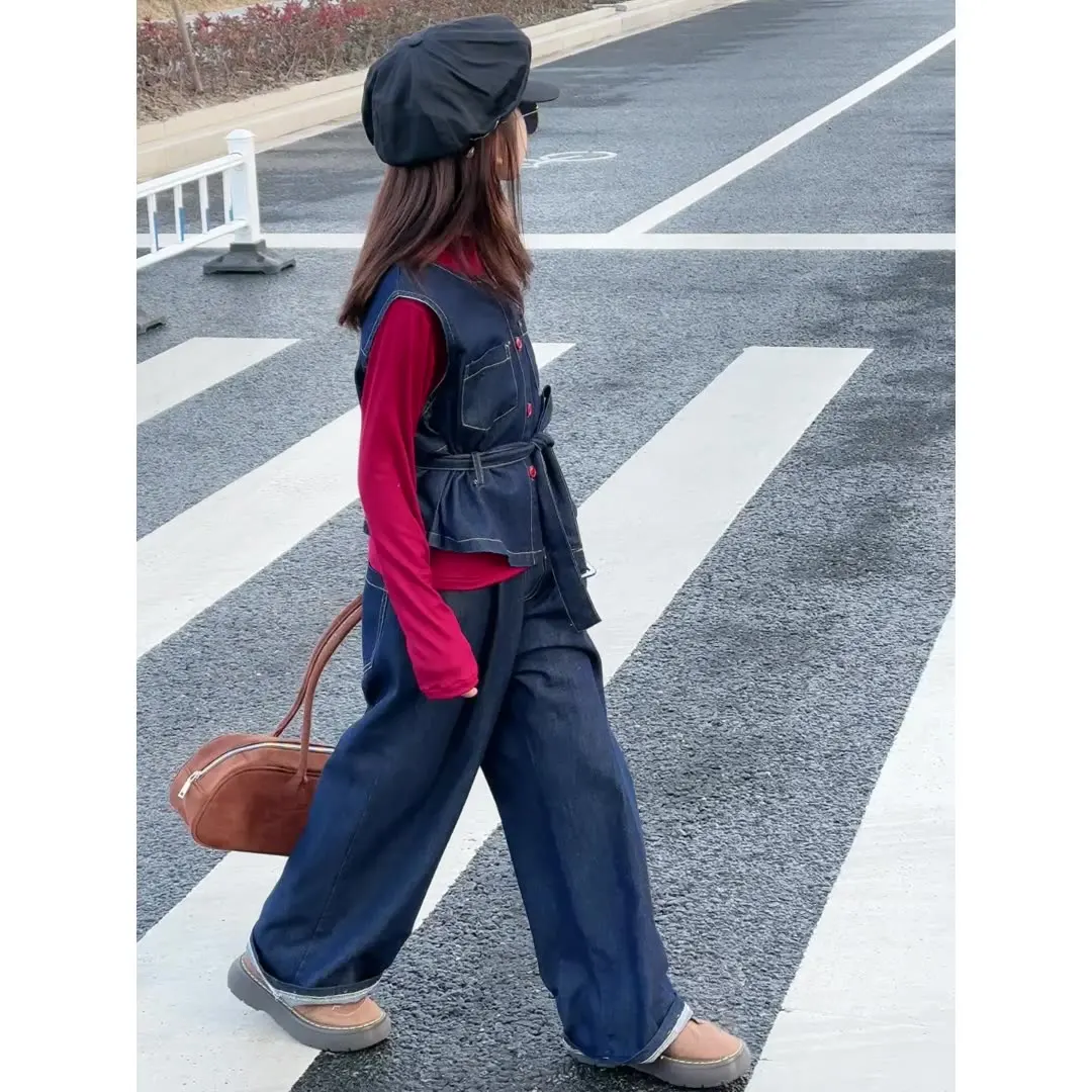 المراهقات الفتيات كاوبوي الملابس مجموعة الربيع تصميم سترة جينز حزام تي شيرت واسعة الساق الجينز 3 قطعة الاطفال السراويل دعوى ملابس أطفال #2