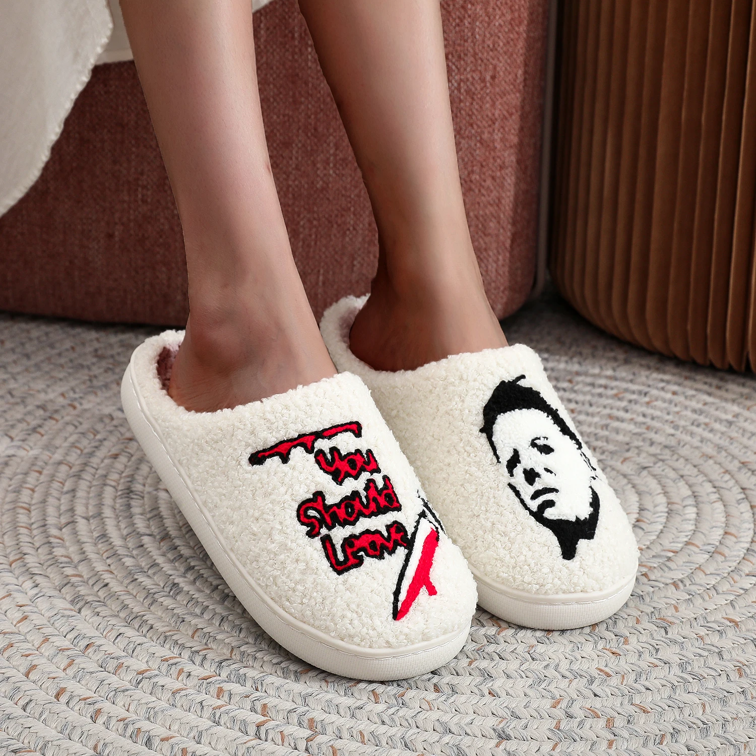 Horror Thriller Movie Michael Myers Halloween Embroidery stuffed Home Thick Sole plaid Furry Cotton Slippers Cute Warm Non-slip Indoor Slippers For