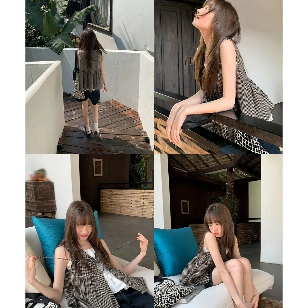 Conjunto de colete xadrez pequeno de duas peças estilo coreano para mulheres, top cardigã fino de verão de alta qualidade
