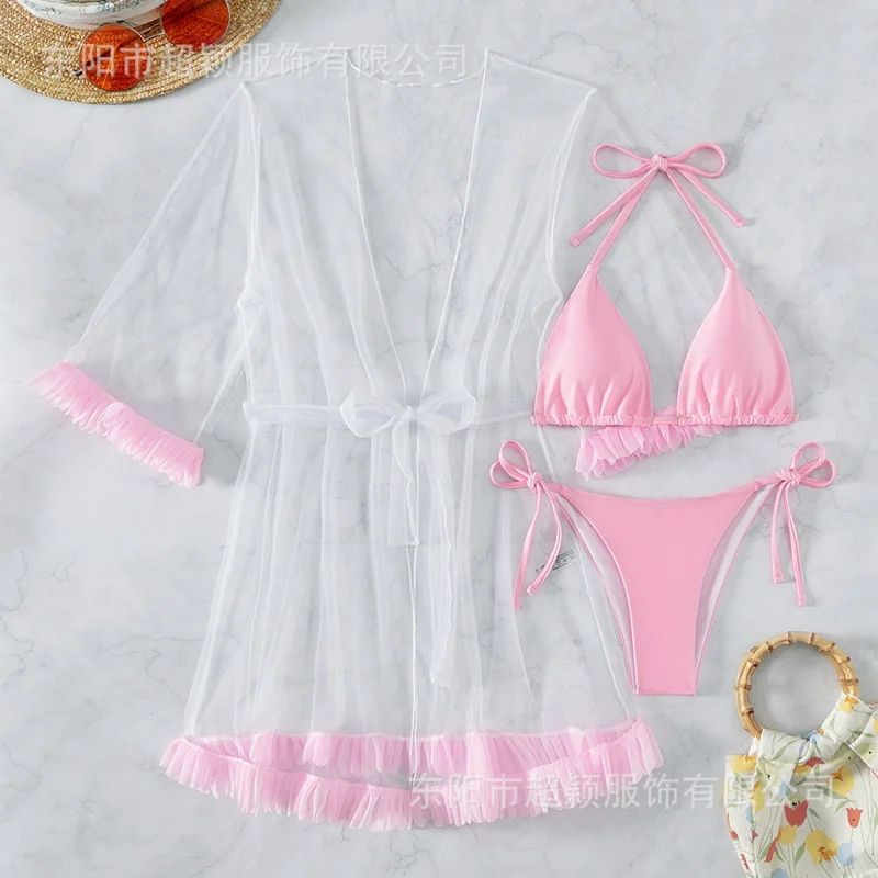 bikiniMesh Cover-Up Three-Piece Swimsuit Set for Women with Sexy 3D Lace Trim, Two-Piece Beach Bikini