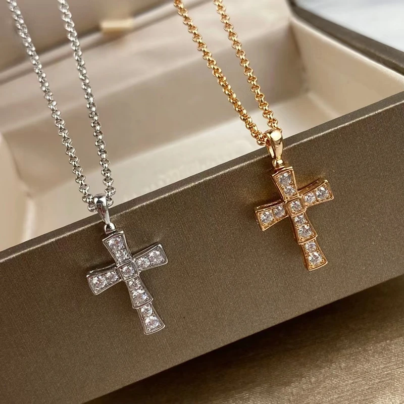 

925 Sterling Silver Zircon Cross Bone Pendant Women's Necklace Fashion Brand Anniversary Luxury Party Jewelry