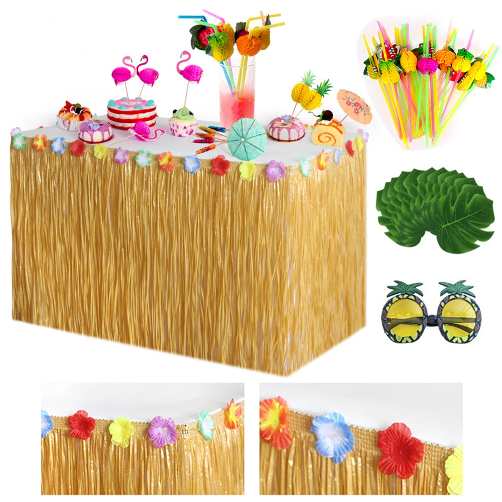 Table Grass Skirt for Tropical Hawaiian Hula Luau Party Decoration Hawaiian Table Skirt Summer Party Table cover Tableware Straw